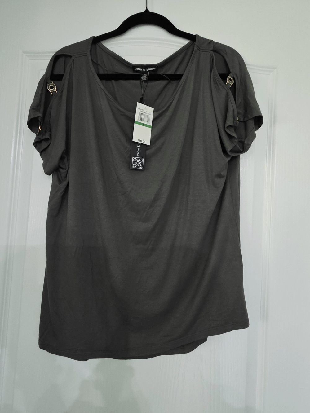 NWT Cable & Gauge Olive Greenish  Short Sleeve Top with Cutout Shoulders Sz L